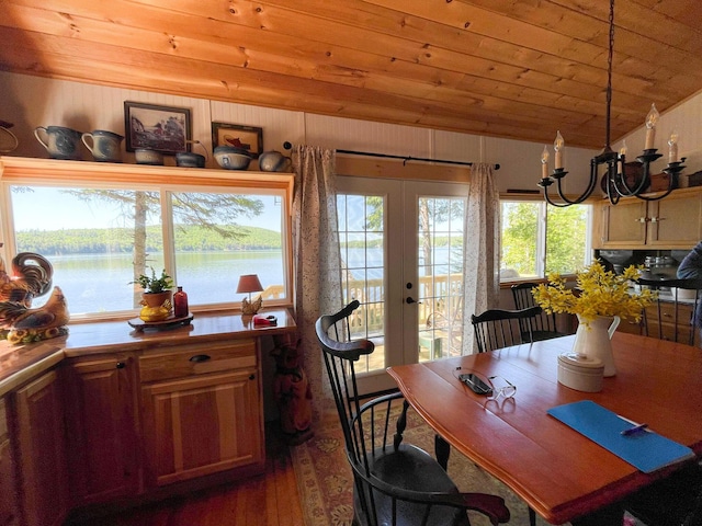 dining area featuring lofted ceiling, wood ceiling, french doors, dark hardwood / wood-style floors, and a water view