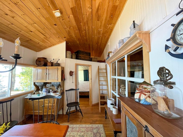 interior space with wooden ceiling and lofted ceiling