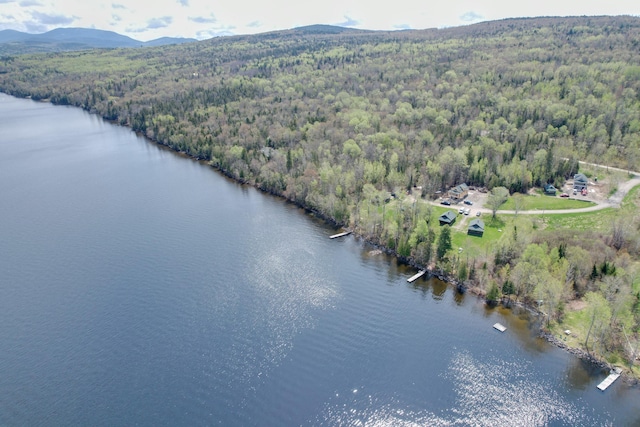 drone / aerial view featuring a water and mountain view