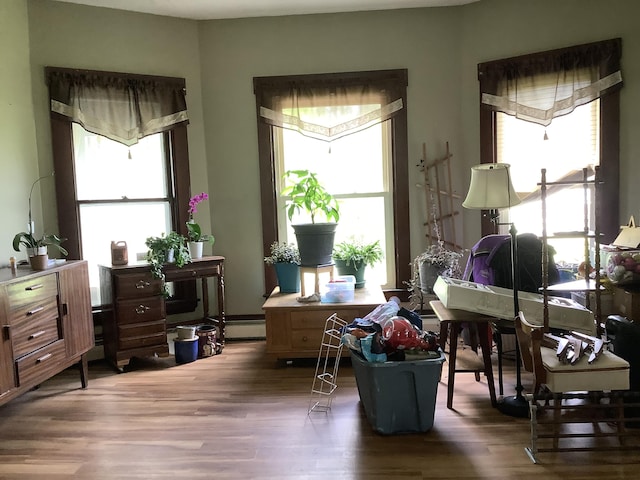 living area with hardwood / wood-style floors