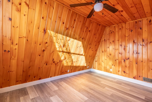 unfurnished room with wooden walls, wood finished floors, baseboards, ceiling fan, and wood ceiling