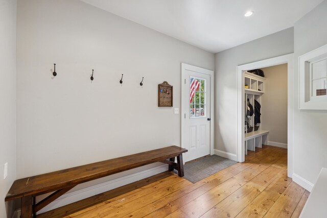 mudroom with light hardwood / wood-style flooring