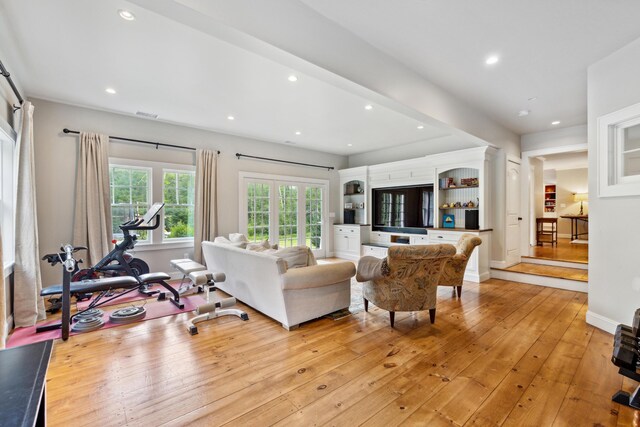 living room featuring french doors and light hardwood / wood-style flooring