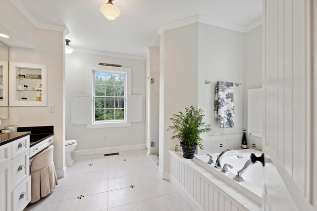 full bathroom with tile patterned floors, vanity, ornamental molding, and toilet