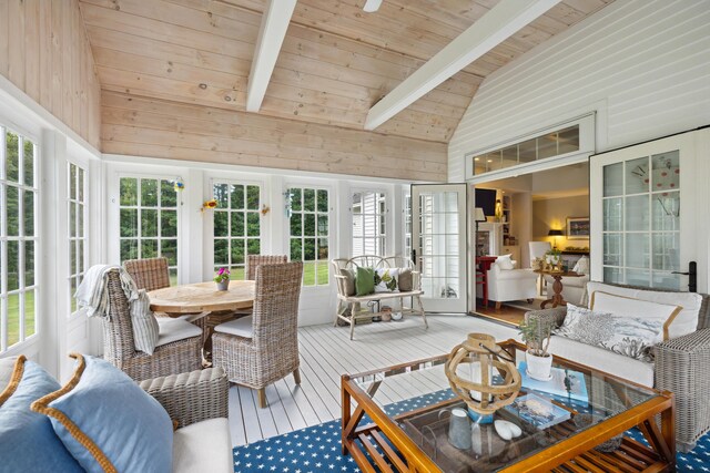 sunroom featuring lofted ceiling with beams, wood ceiling, and a healthy amount of sunlight