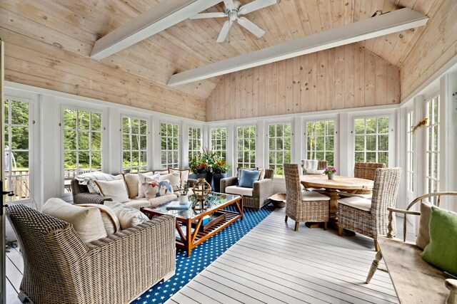 sunroom featuring lofted ceiling with beams, wood ceiling, and ceiling fan