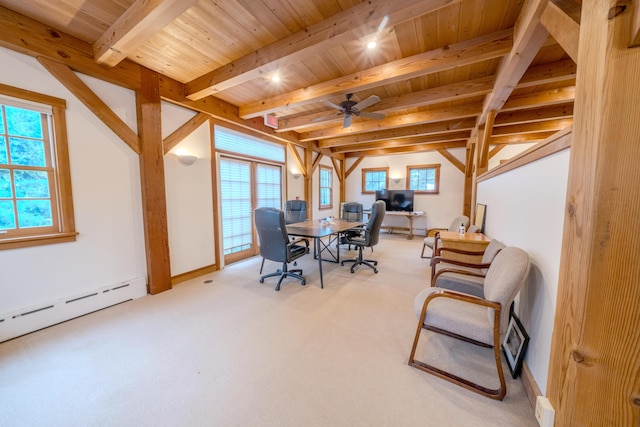 carpeted dining room featuring beam ceiling, ceiling fan, wooden ceiling, and a baseboard radiator