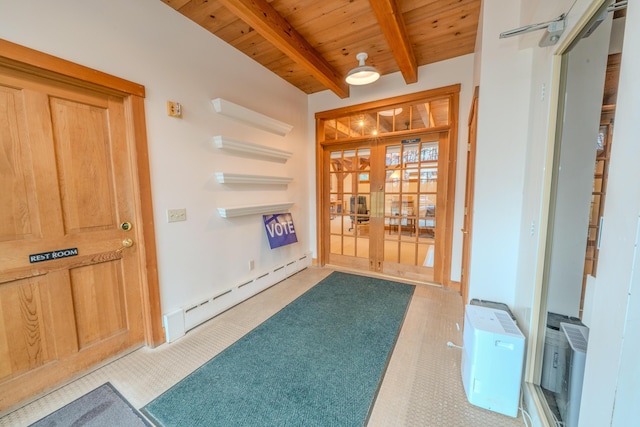 hallway with beamed ceiling, wooden ceiling, baseboard heating, and french doors