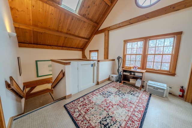 bonus room featuring vaulted ceiling with beams and wooden ceiling