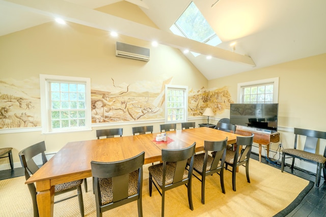 dining area with high vaulted ceiling, a skylight, an AC wall unit, and light hardwood / wood-style flooring