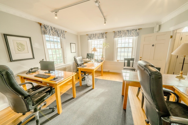 home office with light wood-type flooring, rail lighting, and ornamental molding