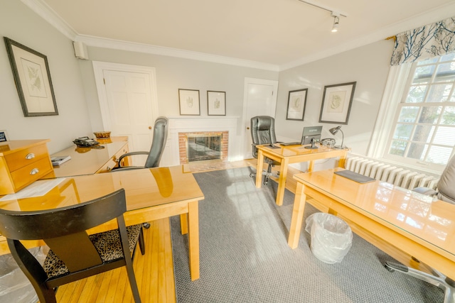 home office featuring ornamental molding, rail lighting, and a brick fireplace