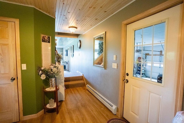 doorway to outside featuring ornamental molding, a baseboard radiator, wooden ceiling, and light hardwood / wood-style floors