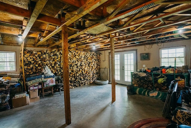 basement with french doors and plenty of natural light