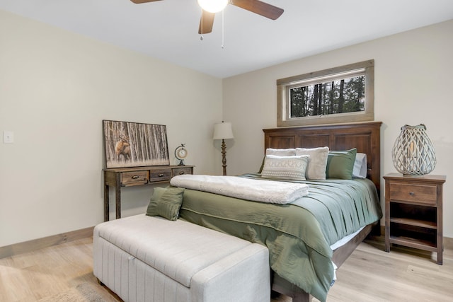 bedroom with ceiling fan and light hardwood / wood-style flooring