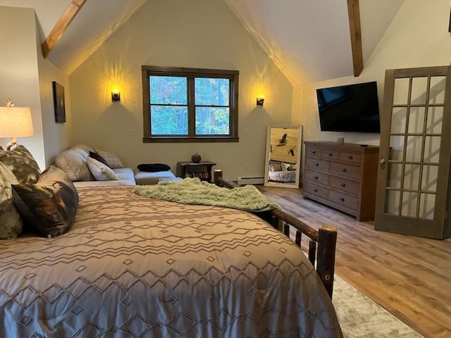 bedroom featuring lofted ceiling with beams, french doors, a baseboard radiator, and hardwood / wood-style floors