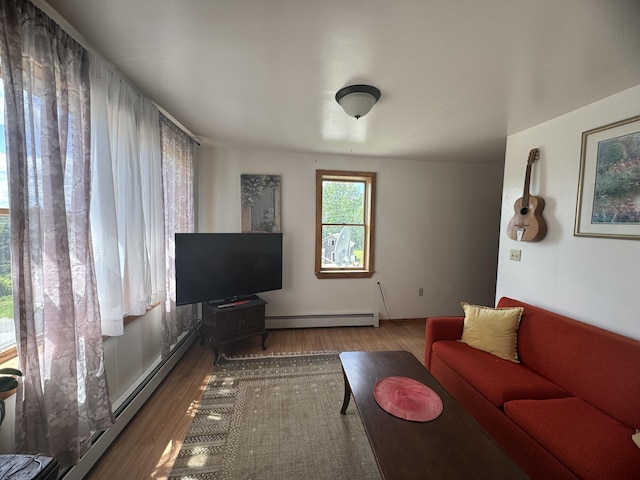 living room featuring hardwood / wood-style flooring and a baseboard radiator