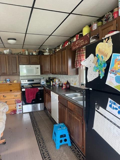 kitchen featuring sink, dark wood-type flooring, white appliances, and a drop ceiling