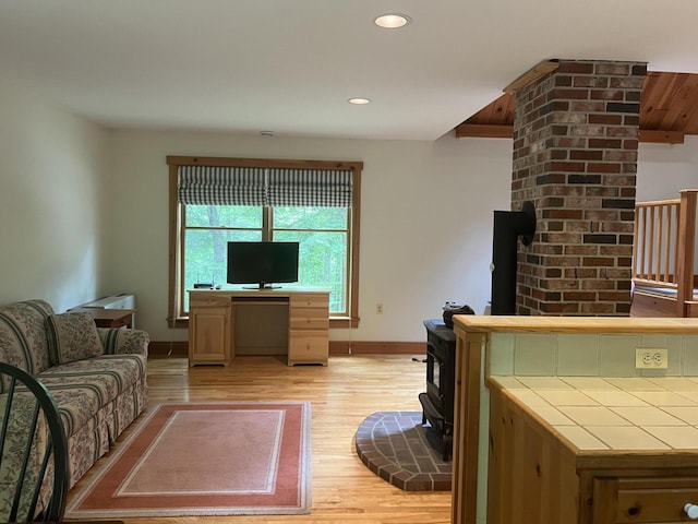 living room featuring a wood stove and light hardwood / wood-style flooring