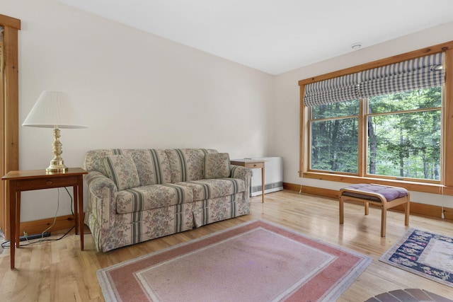 living room with hardwood / wood-style flooring and radiator