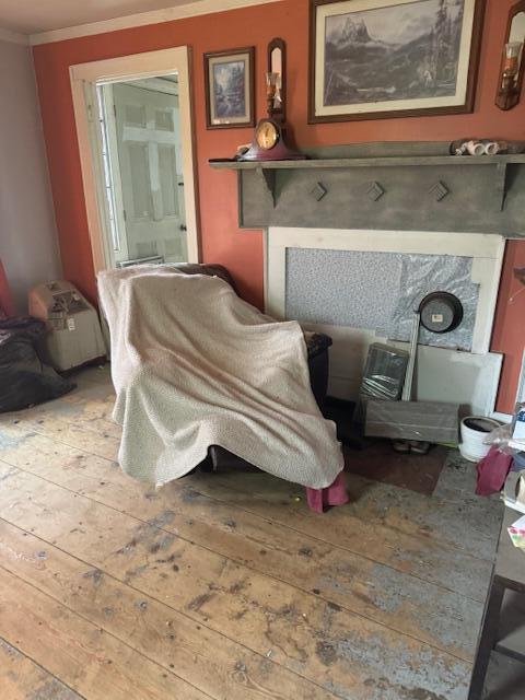 interior space featuring light wood-type flooring and crown molding