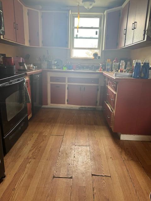 kitchen with black electric range oven, sink, and light hardwood / wood-style flooring