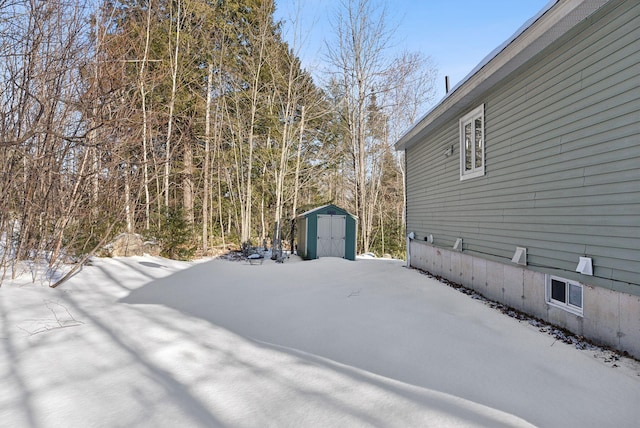 exterior space with a shed