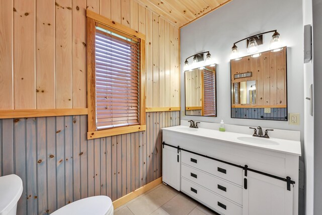 bathroom featuring wood walls, toilet, and dual vanity