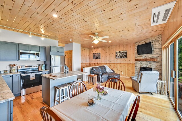 dining area with light hardwood / wood-style flooring, rail lighting, a fireplace, wooden walls, and wood ceiling