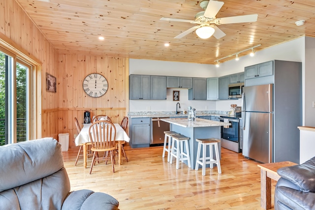 kitchen with stainless steel appliances, wooden ceiling, rail lighting, and light hardwood / wood-style flooring