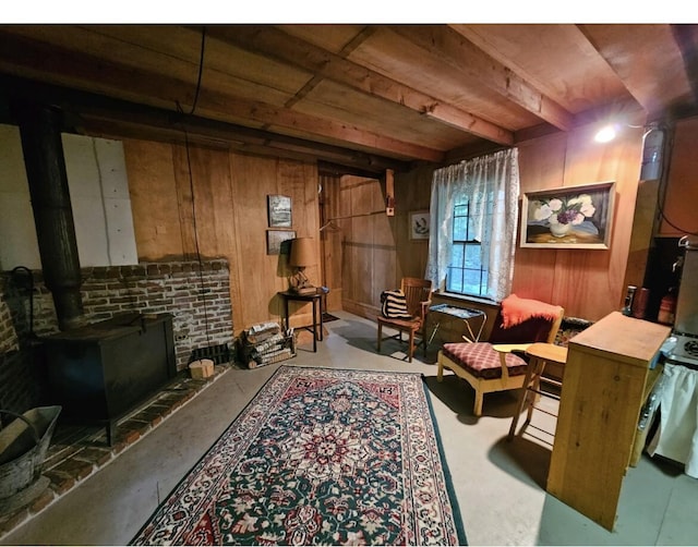 living area with a wood stove and wood walls