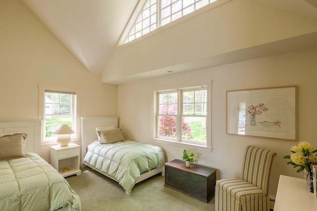 carpeted bedroom with a baseboard radiator, high vaulted ceiling, and multiple windows