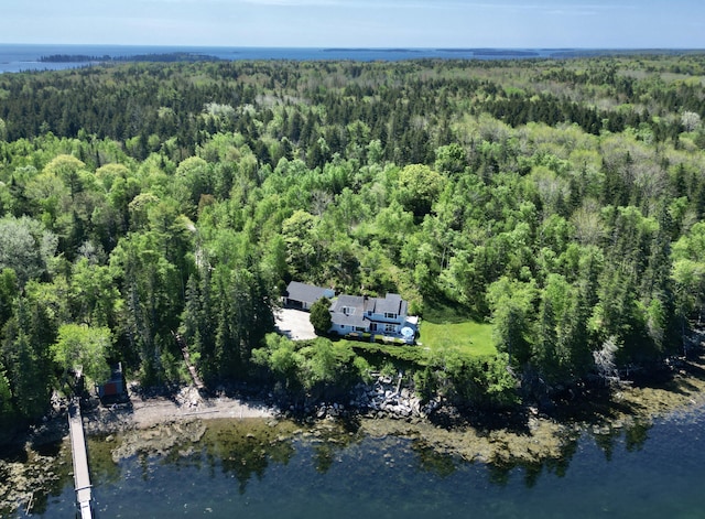bird's eye view featuring a forest view and a water view