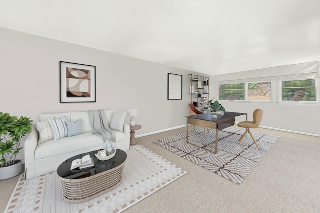 carpeted living room featuring baseboards