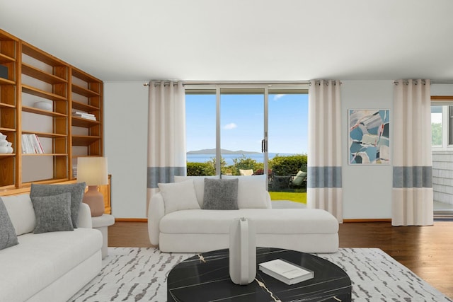 living room with wood finished floors, baseboards, and a mountain view
