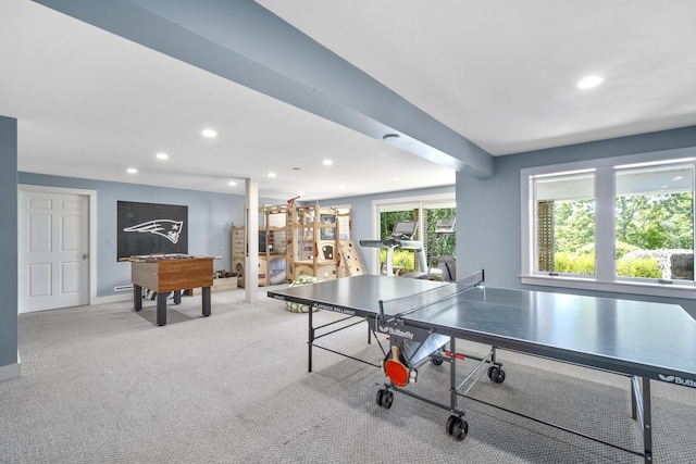 playroom featuring light colored carpet