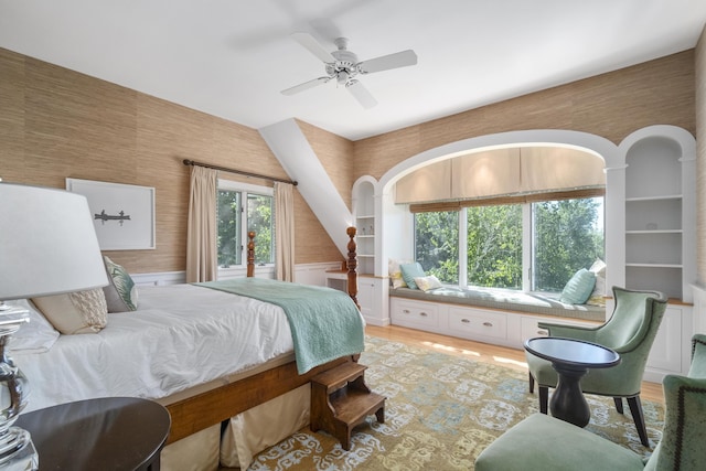 bedroom featuring hardwood / wood-style flooring and ceiling fan