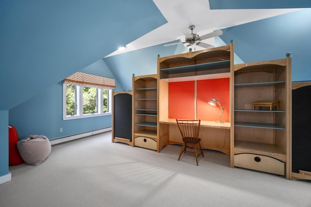 unfurnished bedroom with carpet, a baseboard radiator, and lofted ceiling