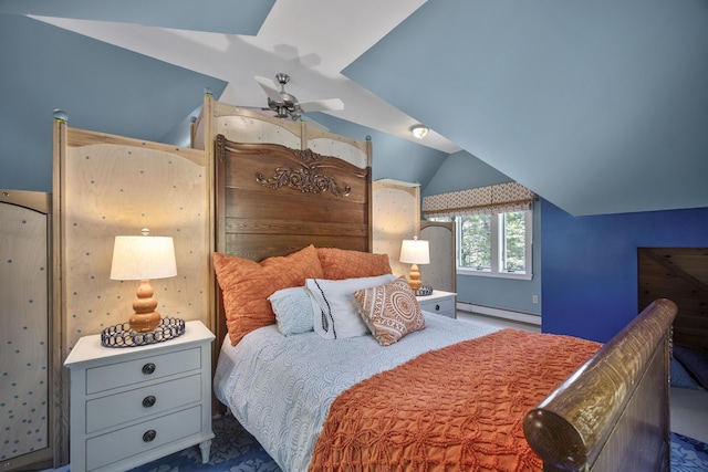 bedroom with a baseboard radiator and vaulted ceiling