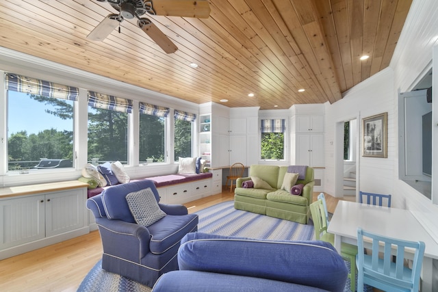 sunroom / solarium with ceiling fan, wood ceiling, and vaulted ceiling