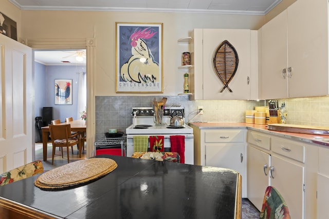 kitchen featuring white cabinets, white electric stove, and crown molding