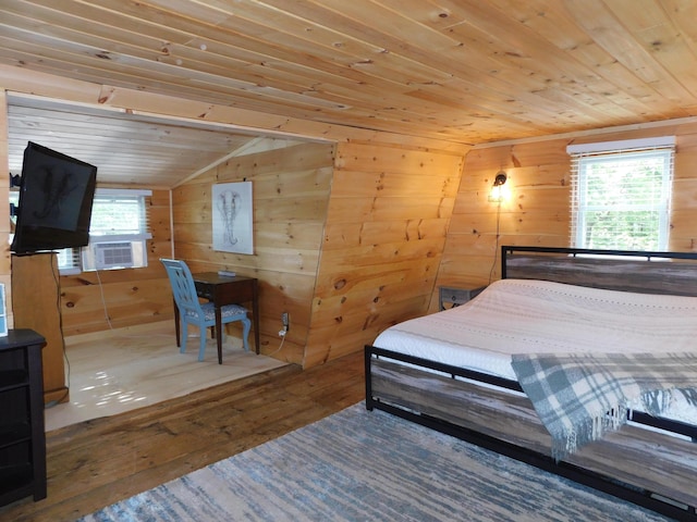 bedroom featuring wooden ceiling, wood-type flooring, lofted ceiling, and wooden walls