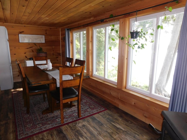 dining space featuring dark hardwood / wood-style floors, a wealth of natural light, and wooden ceiling