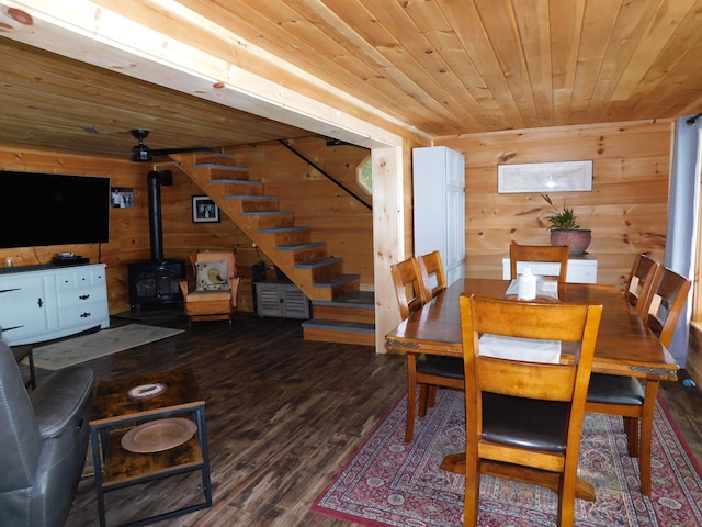 dining space featuring dark wood-type flooring, wooden walls, a wood stove, and wooden ceiling