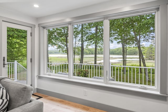 interior space with a water view and a healthy amount of sunlight