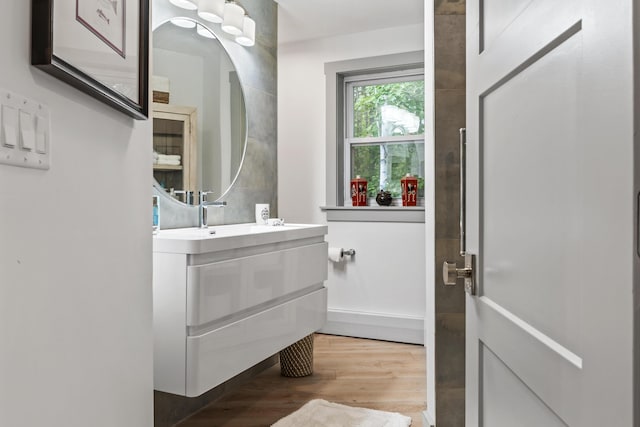 bathroom featuring vanity and hardwood / wood-style floors