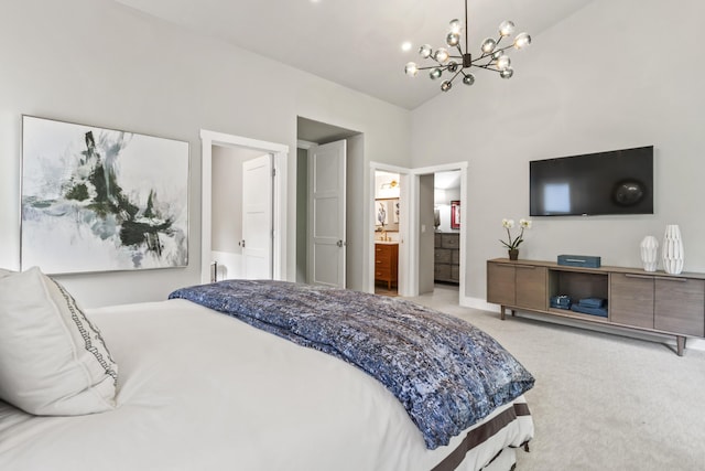 bedroom with ensuite bath, vaulted ceiling, light colored carpet, and a chandelier