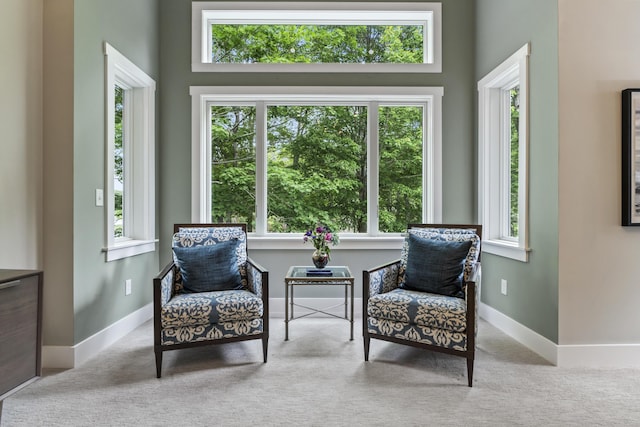 sitting room featuring a healthy amount of sunlight and light colored carpet