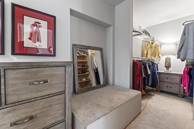 walk in closet featuring light colored carpet