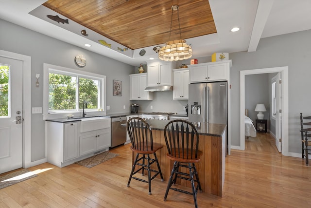 kitchen featuring sink, stainless steel appliances, a center island, a tray ceiling, and white cabinets